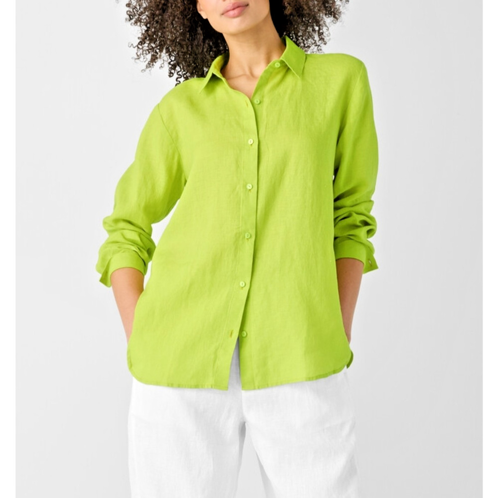 EILEEN FISHER Organic Handkerchief Linen Classic Collar Shirt Large Chartreuse